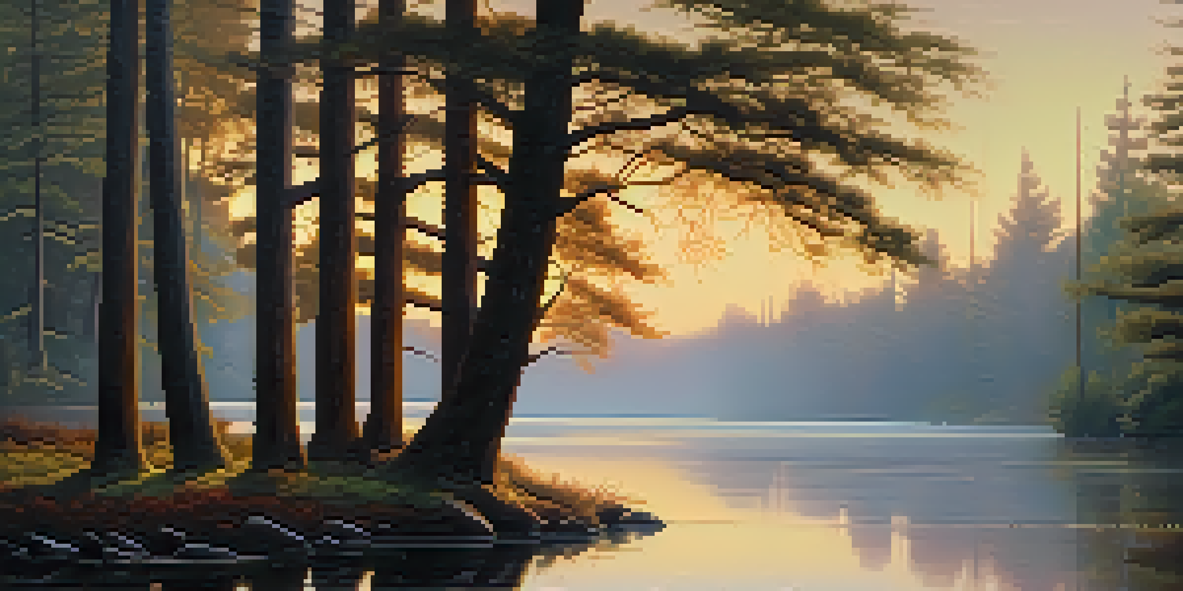 A peaceful forest at twilight with a river reflecting the sunset and mist rising from the water.