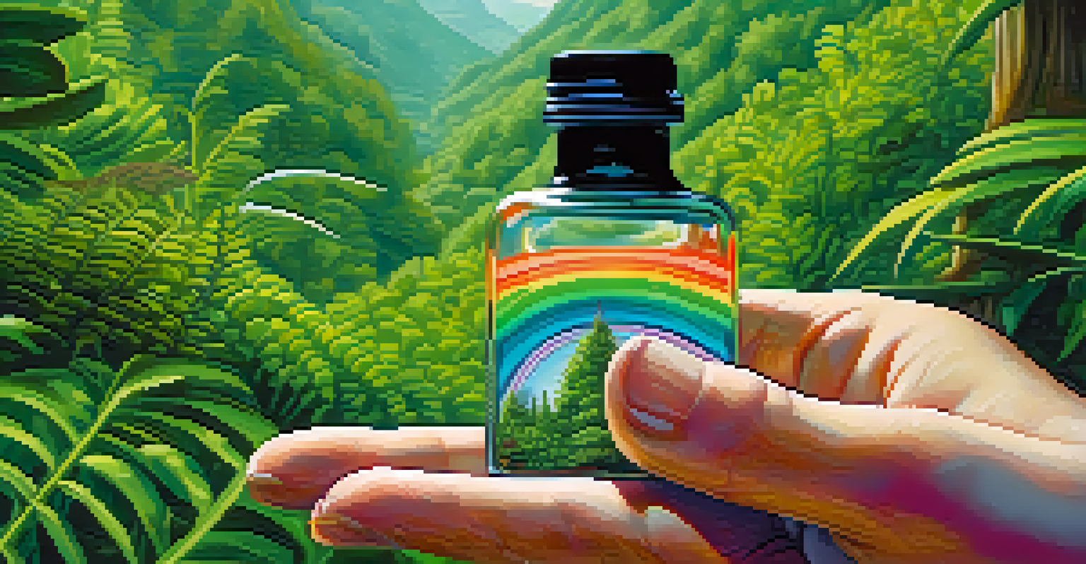 A close-up of a hand holding a small vial against a green natural background.