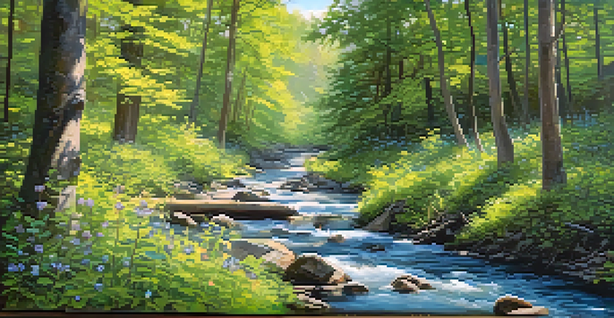 A peaceful forest scene with sunlight shining through the trees, a clear stream, and a signpost that reads 'Nature's Healing'.