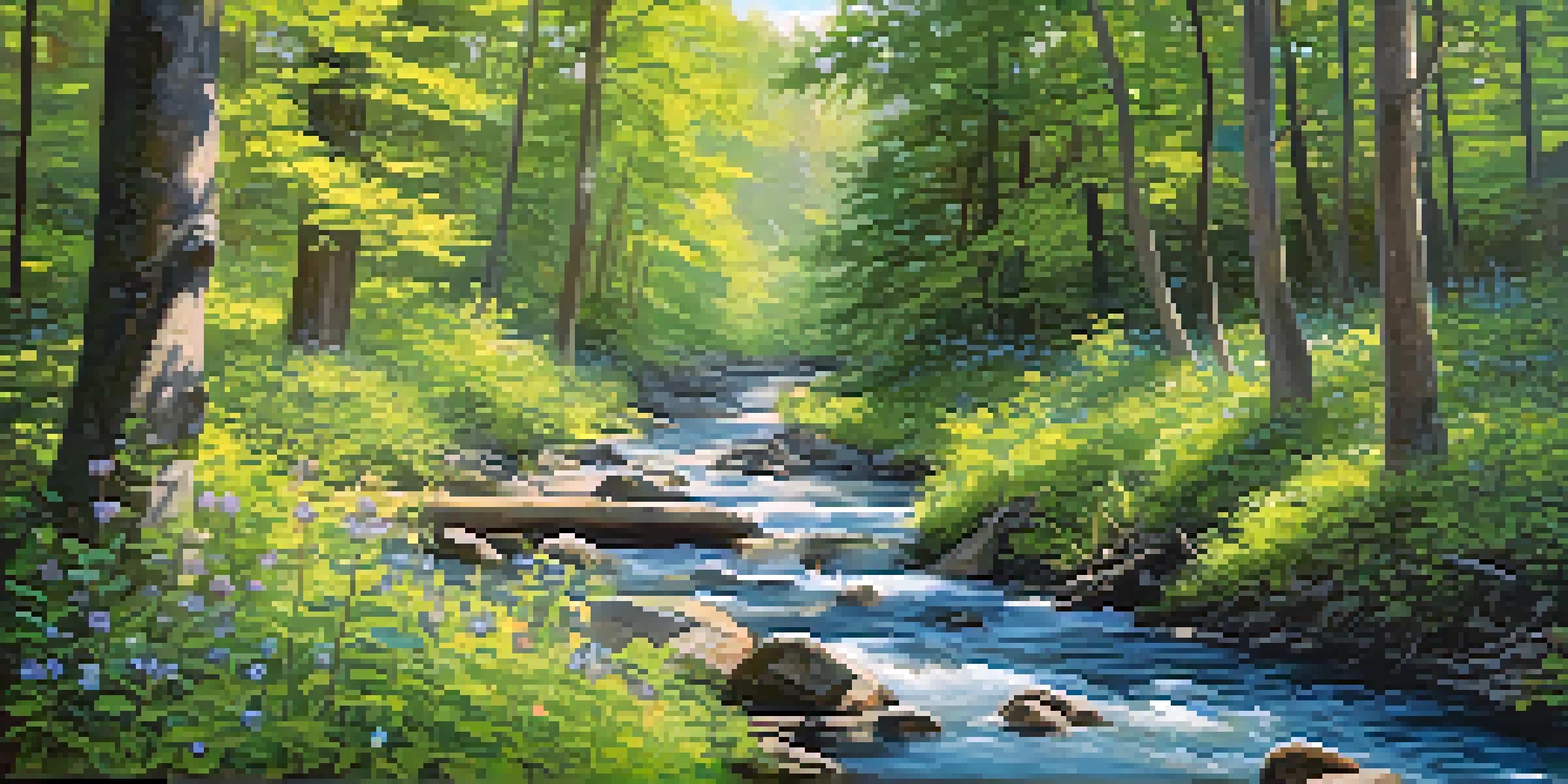 A peaceful forest scene with sunlight shining through the trees, a clear stream, and a signpost that reads 'Nature's Healing'.