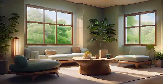 A calming therapy room with warm lighting and nature-inspired decor, designed for hallucinogen therapy.