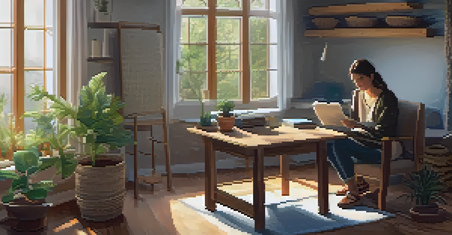 A person writing in a journal while using a tablet in a cozy, warmly lit indoor environment, surrounded by soft textures and a potted plant.