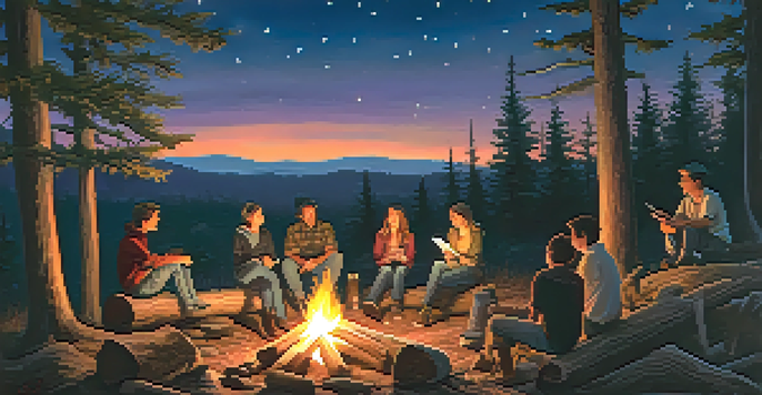 A group of friends sitting around a campfire at dusk, sharing stories and laughter with a warm glow illuminating their faces.