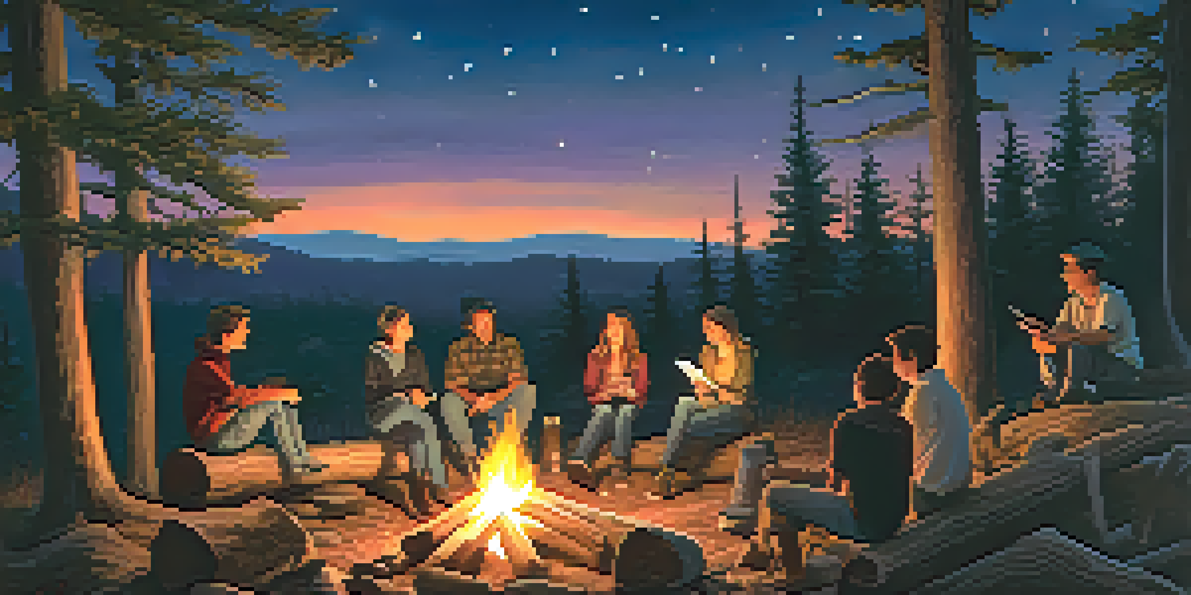 A group of friends sitting around a campfire at dusk, sharing stories and laughter with a warm glow illuminating their faces.