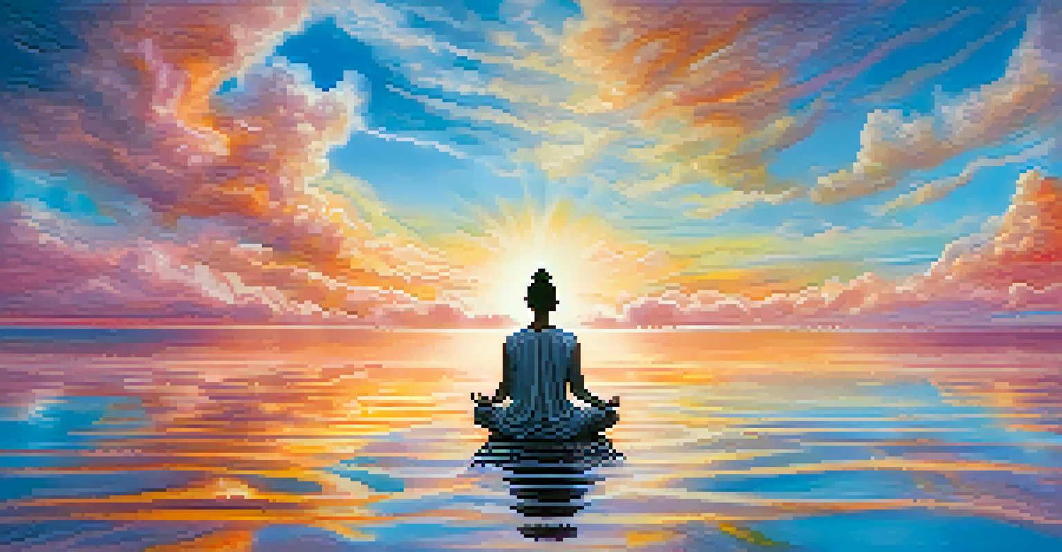 A person meditating among clouds and vibrant colors, surrounded by waves of light, symbolizing peace and interconnectedness.