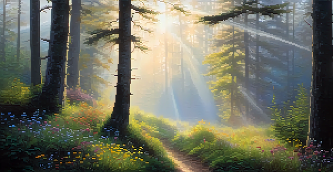 A misty forest at dawn with sunlight filtering through trees and colorful wildflowers in a clearing.