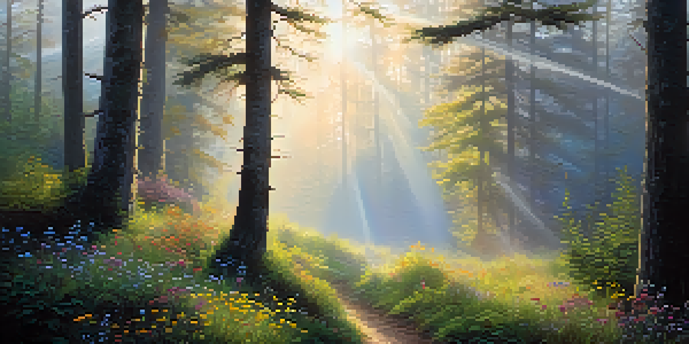 A misty forest at dawn with sunlight filtering through trees and colorful wildflowers in a clearing.