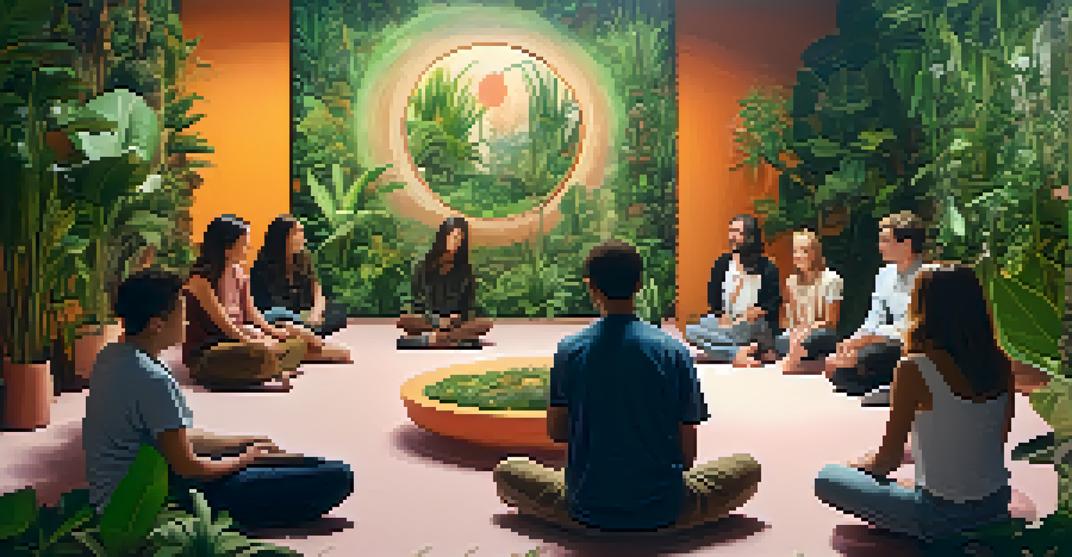 A cozy indoor space with cushions and warm lighting, where people are sharing their experiences in a hallucinogenic integration session led by a facilitator.
