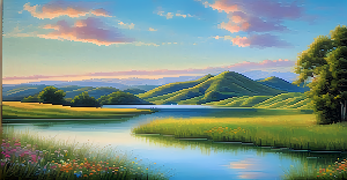 A peaceful natural landscape at sunrise with green hills, a calm lake, and blooming wildflowers in the foreground.