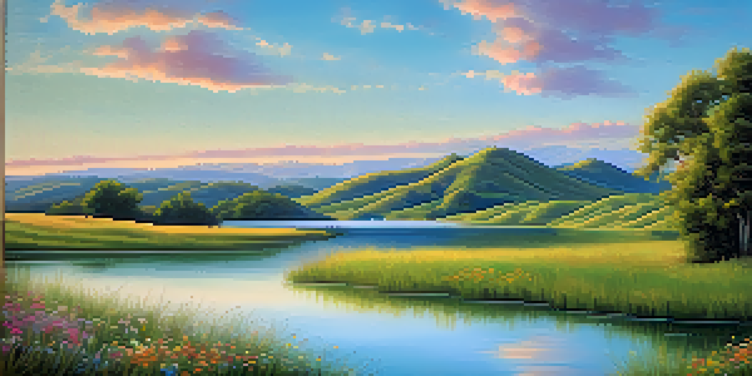 A peaceful natural landscape at sunrise with green hills, a calm lake, and blooming wildflowers in the foreground.