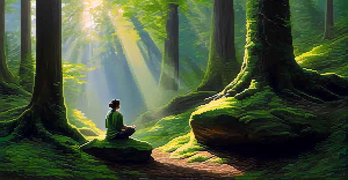 A person meditating on a mossy rock in a sunlit forest, surrounded by lush greenery.