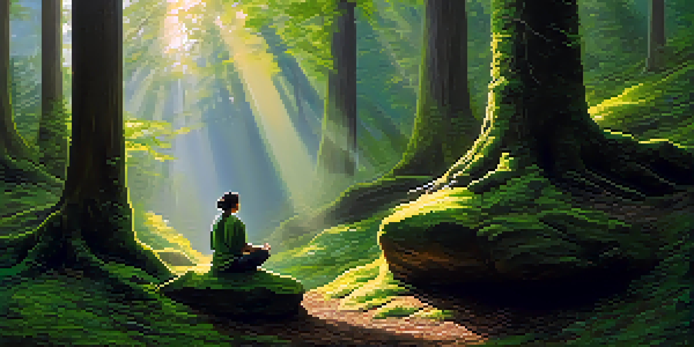 A person meditating on a mossy rock in a sunlit forest, surrounded by lush greenery.