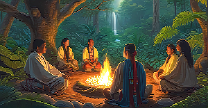 A peaceful jungle setting during an Ayahuasca ceremony with participants in a circle, surrounded by nature and candlelight.