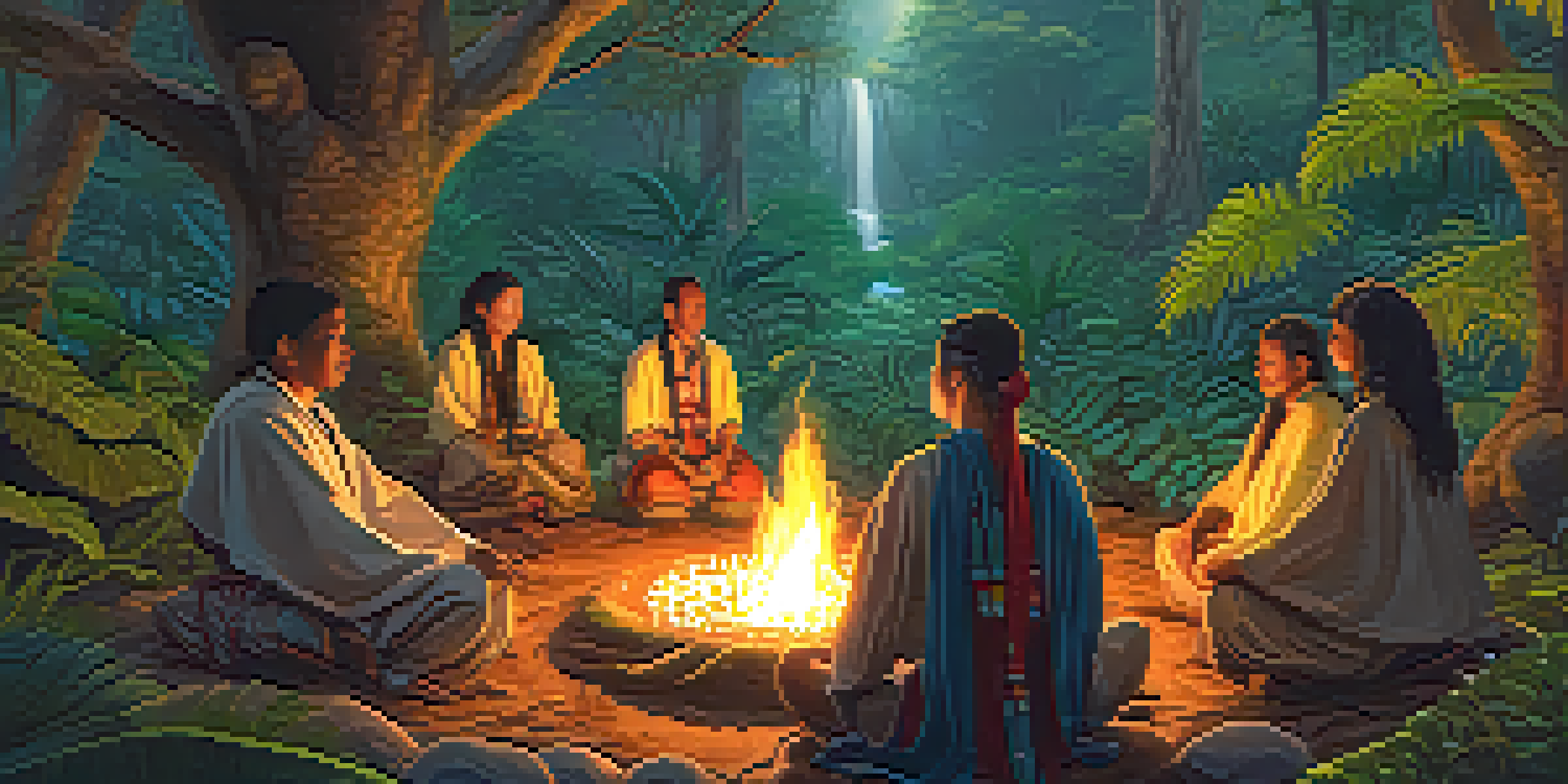 A peaceful jungle setting during an Ayahuasca ceremony with participants in a circle, surrounded by nature and candlelight.