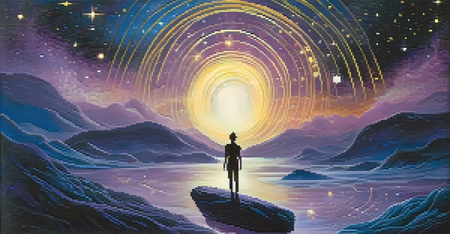 A celestial landscape with swirling galaxies and a meditating figure, symbolizing the cosmic significance of Soma and the quest for enlightenment.