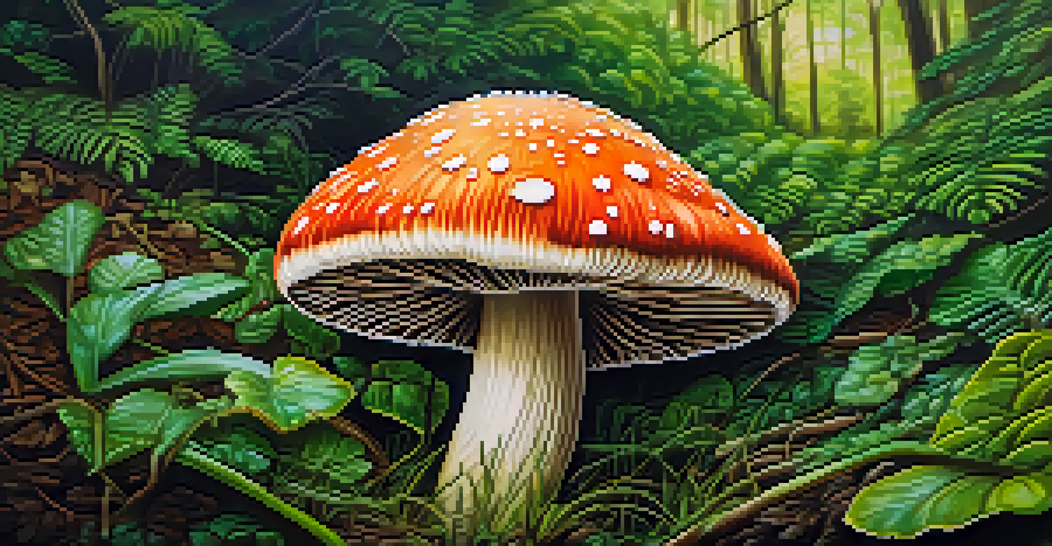 A close-up of a vibrant psilocybin mushroom surrounded by lush green leaves and dew.