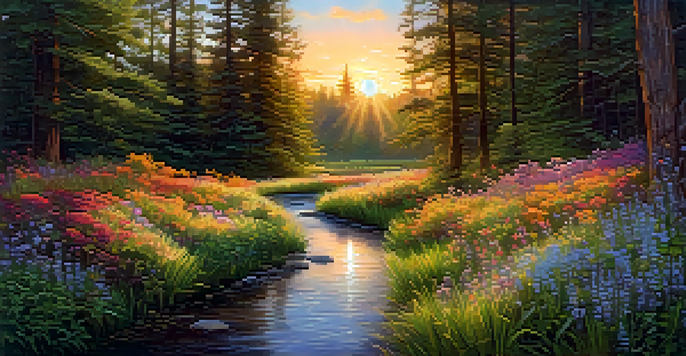 A peaceful forest scene at sunset, with sunlight shining through trees and colorful flowers along a stream.