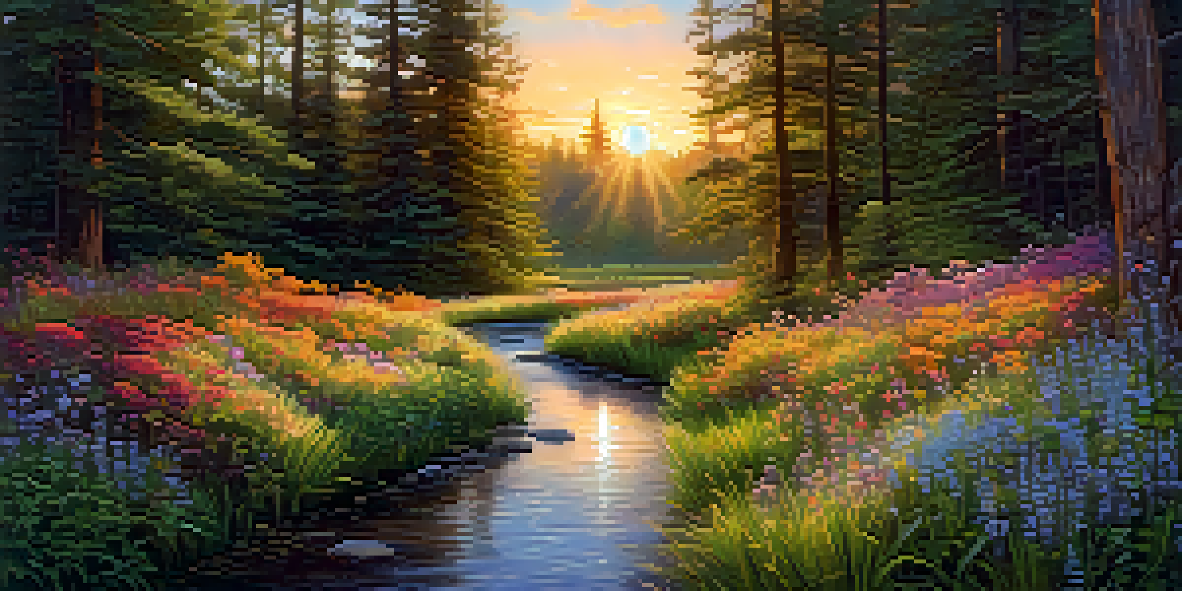 A peaceful forest scene at sunset, with sunlight shining through trees and colorful flowers along a stream.