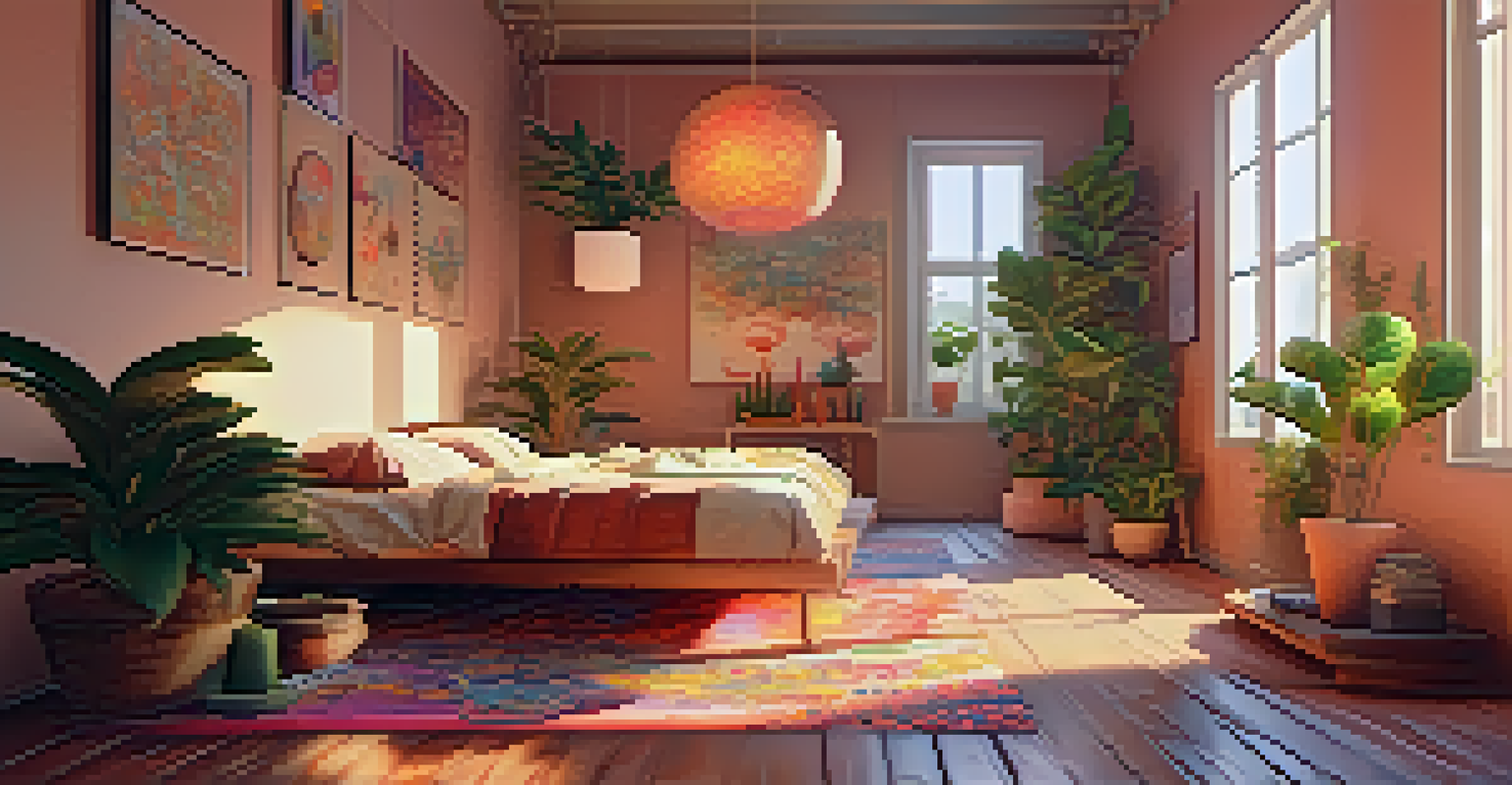A cozy indoor room with warm lighting, cushions on the floor, and calming artwork, providing a peaceful environment for introspection.