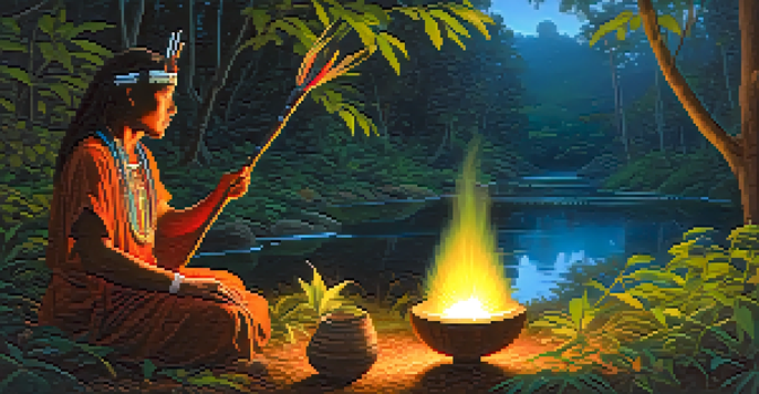 A shaman preparing ayahuasca in a tranquil forest setting during twilight, surrounded by greenery and glowing fireflies.
