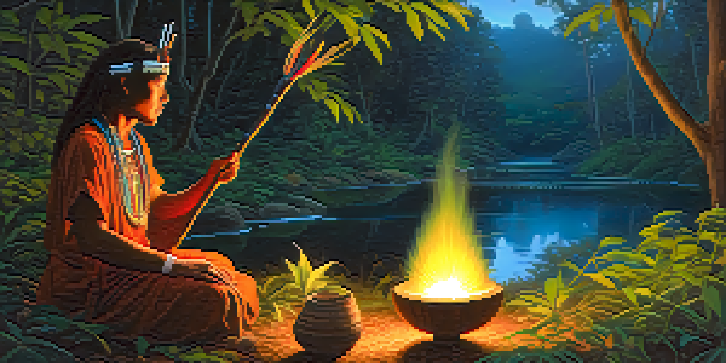 A shaman preparing ayahuasca in a tranquil forest setting during twilight, surrounded by greenery and glowing fireflies.
