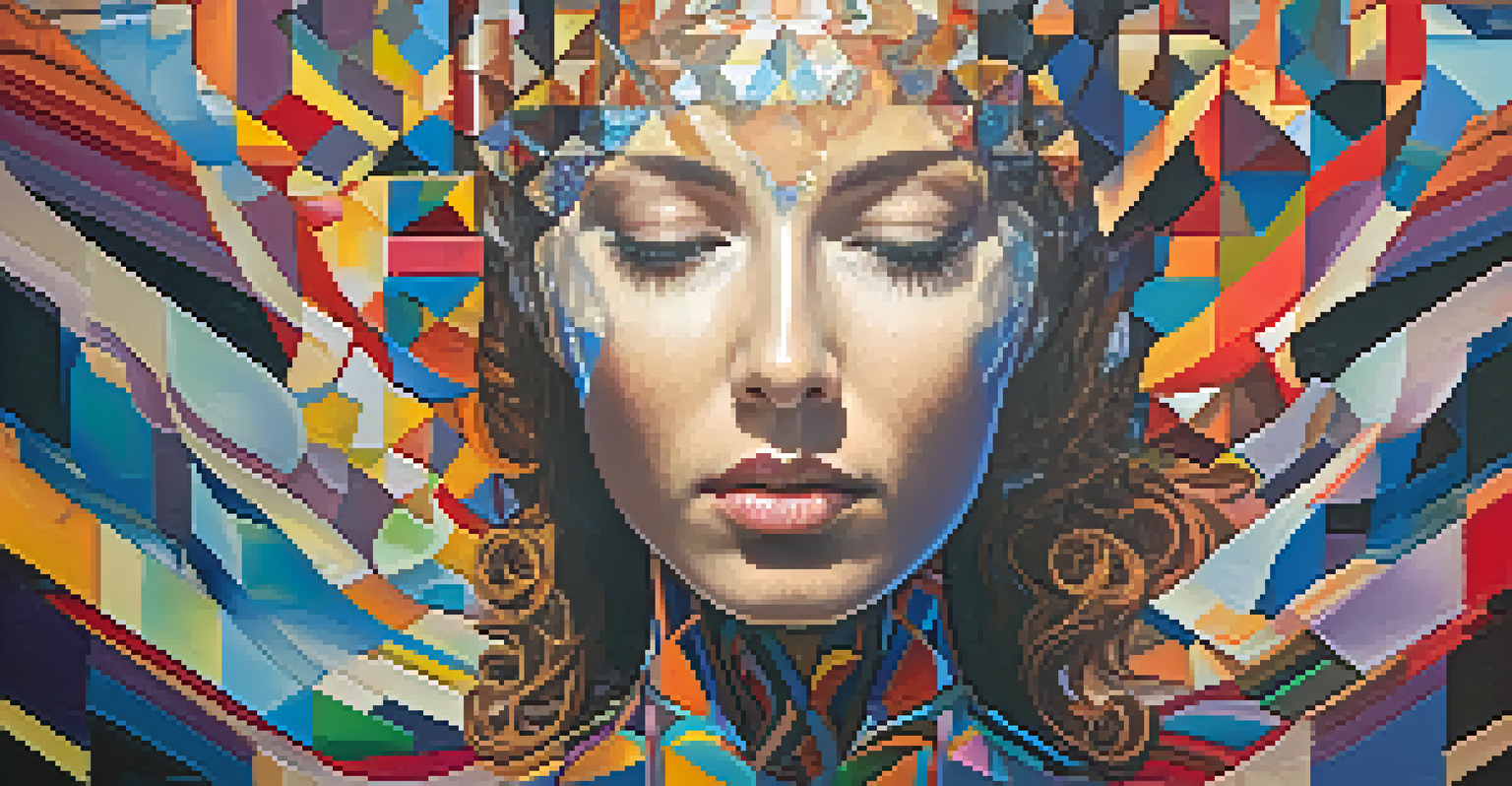 An abstract portrait of a figure with geometric shapes and radiant colors, symbolizing consciousness.