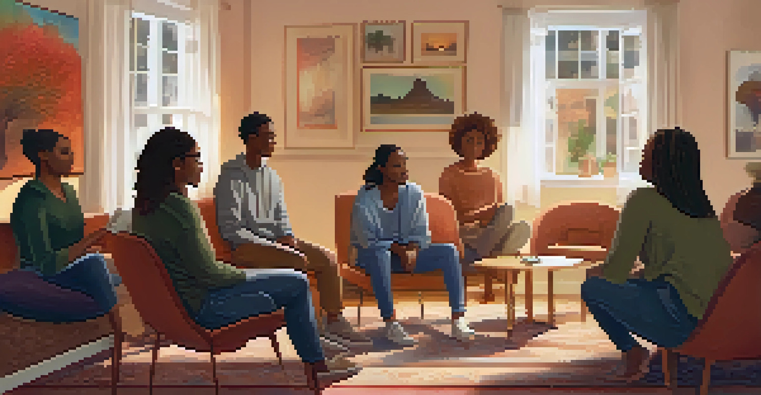 A group therapy session in a warm and cozy room, where participants engage in open discussion, highlighting community and support.