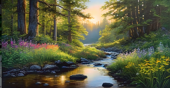 A serene forest at sunrise with a gentle stream and blooming wildflowers.