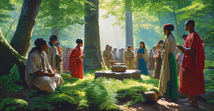 A peaceful forest scene with people in traditional attire participating in a spiritual ritual around a stone surrounded by nature.
