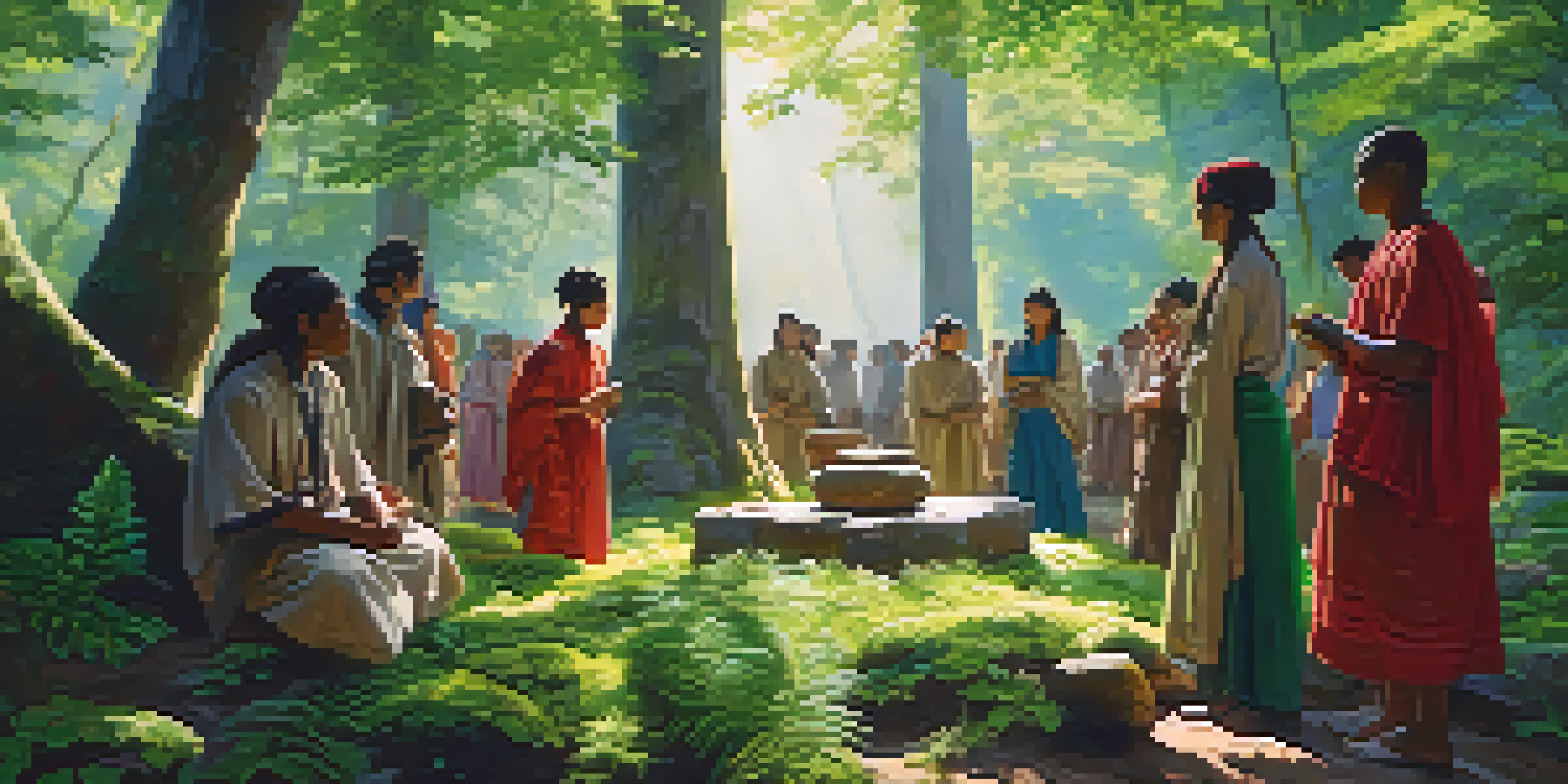 A peaceful forest scene with people in traditional attire participating in a spiritual ritual around a stone surrounded by nature.