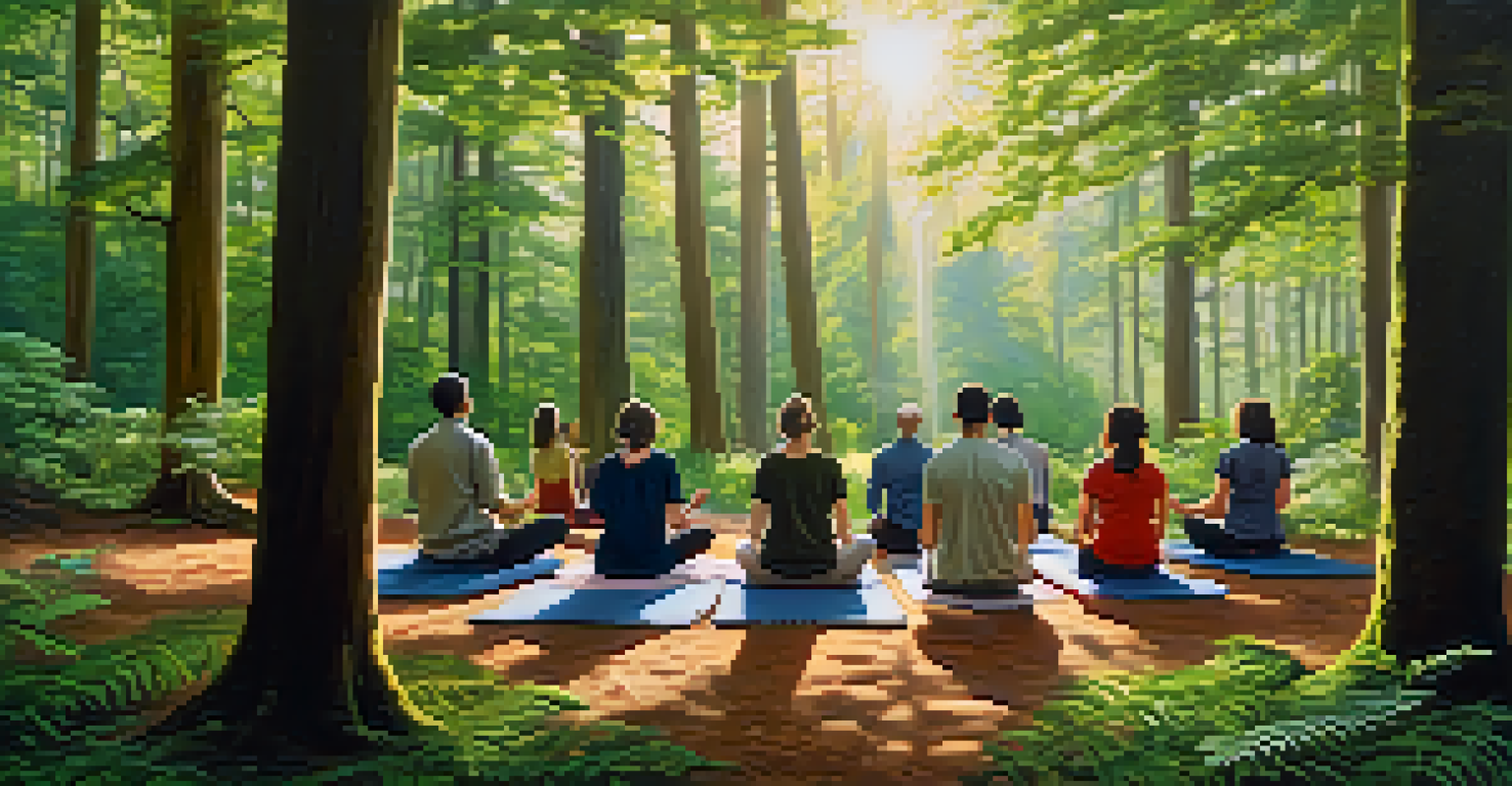 Tourists participating in a guided meditation session in a peaceful forest, seated on yoga mats surrounded by trees and sunlight.