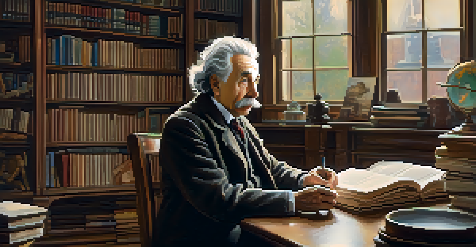 Albert Einstein in a warmly lit study, surrounded by books, deep in thought about a complex theory.