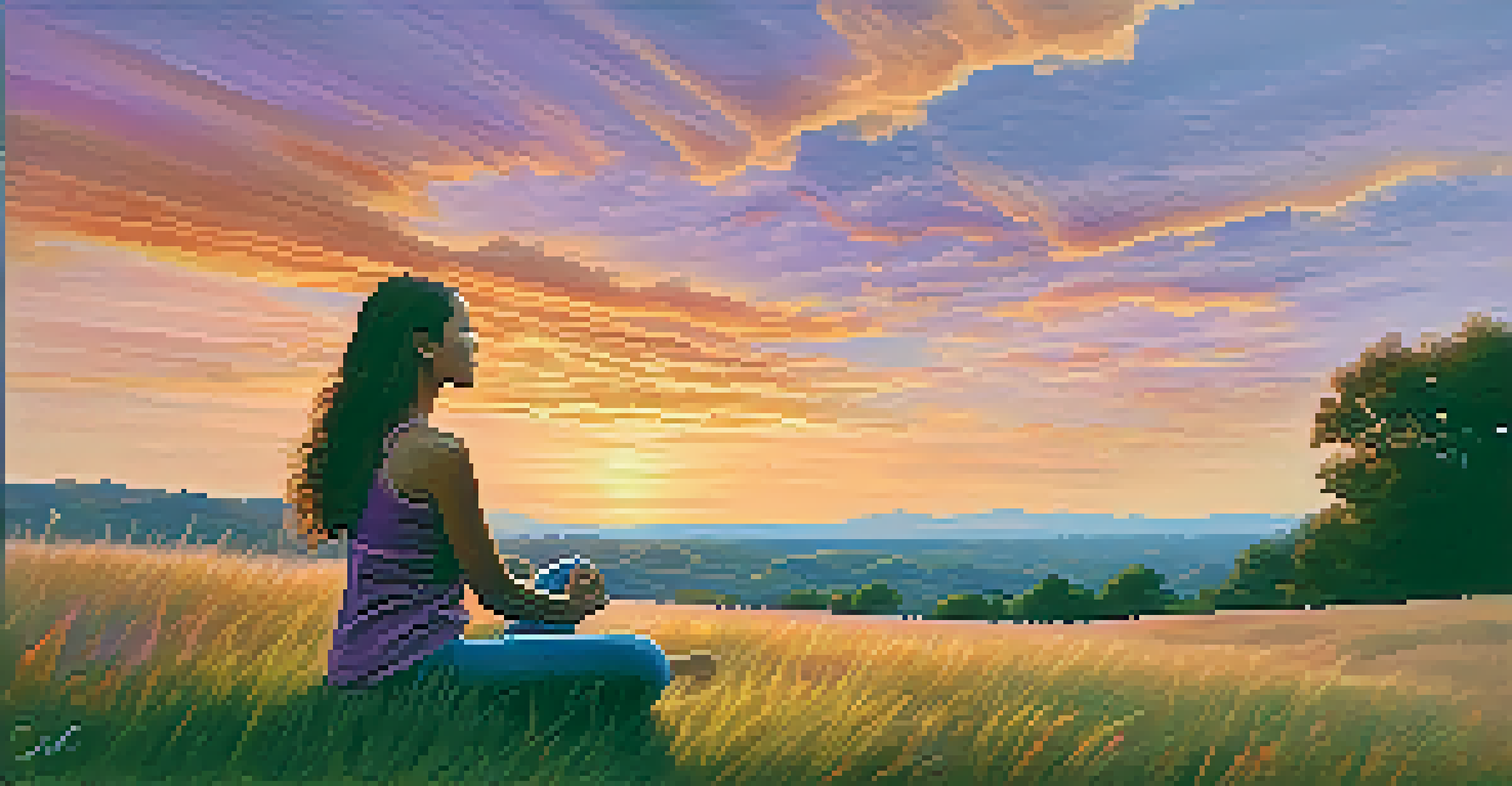 A peaceful outdoor scene at sunset with a person practicing breathwork on a grassy hill, surrounded by warm colors in the sky and flowing lines representing gentle breezes.