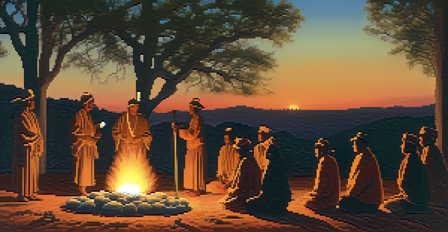 A group of Indigenous people in traditional attire gathered around a fire during a ceremony at dusk.