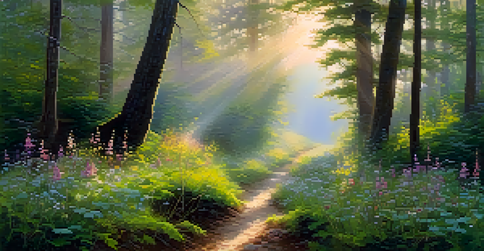 A tranquil forest at dawn with sunlight, wildflowers, mist, and a winding stream.