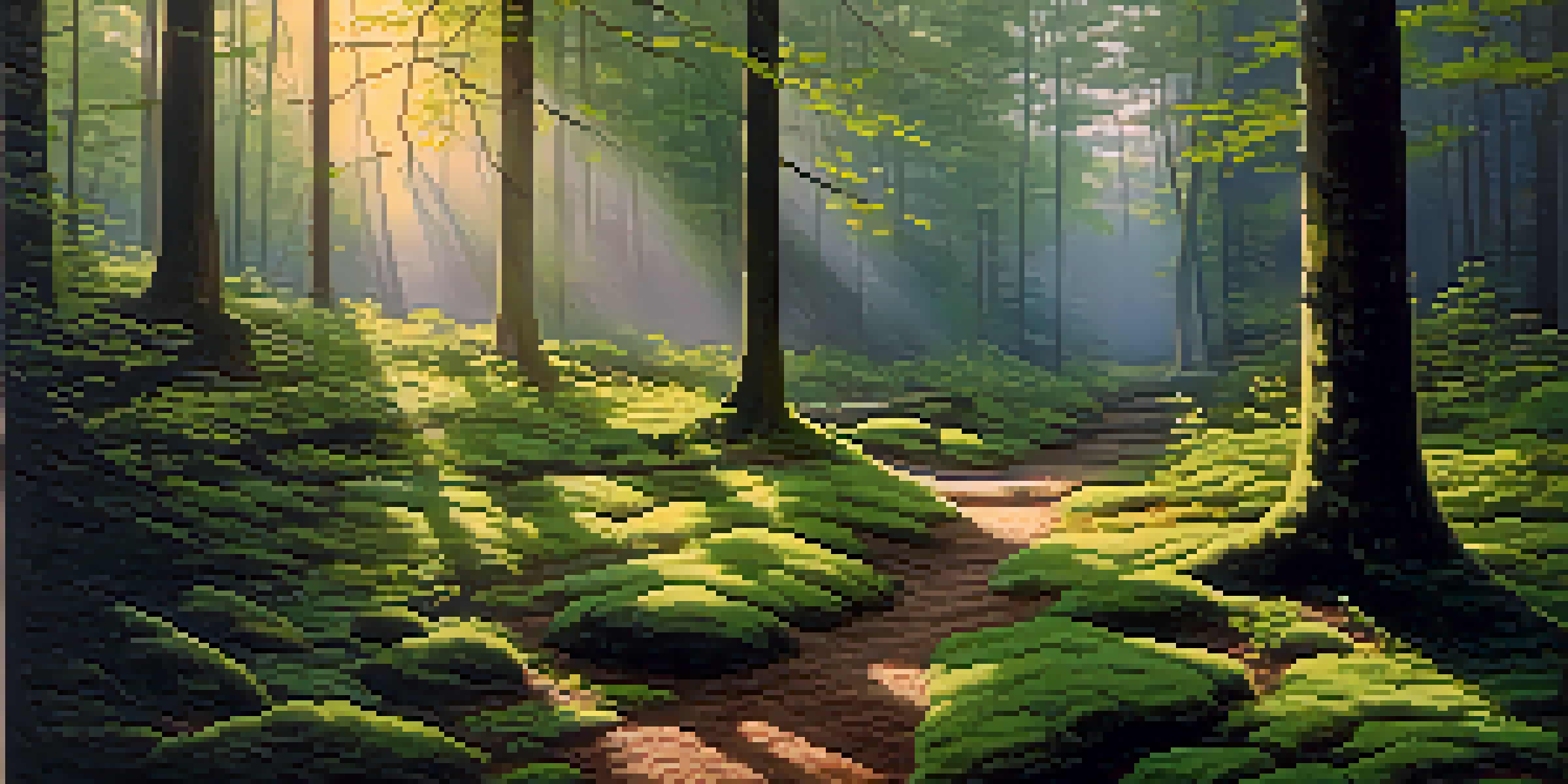 A serene forest with sunlight filtering through leaves and a misty path.