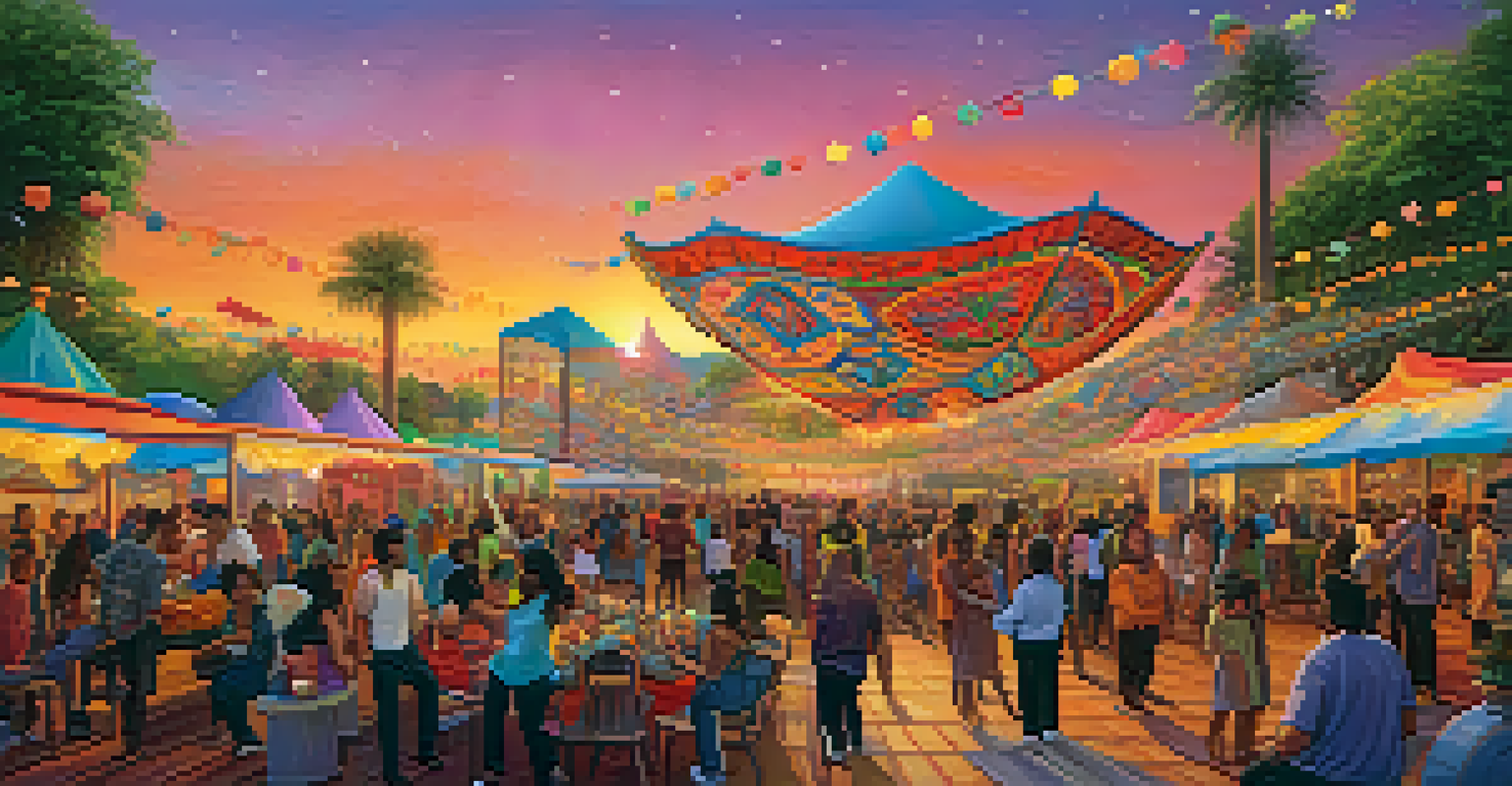 A lively community gathering with participants engaging in cultural rituals and artistic activities outdoors, set against a beautiful sunset backdrop.