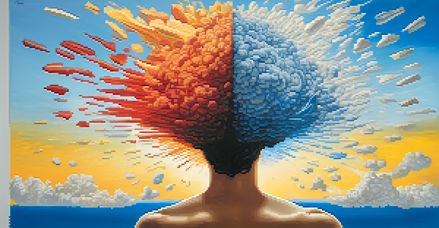 An abstract image depicting cognitive dissonance, with chaotic colors on one side and a calm blue sky on the other, symbolizing internal conflict.