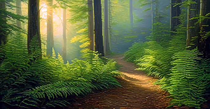 A peaceful forest with sunlight shining through the trees, a pathway, and mist in the background.