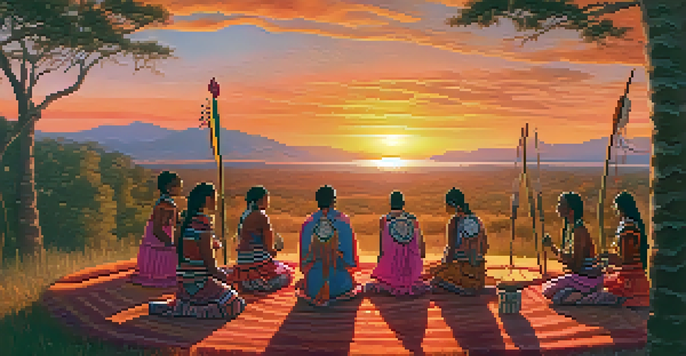 A tranquil sunset scene with Indigenous participants in traditional clothing engaged in a ceremony, surrounded by nature and colorful artifacts.