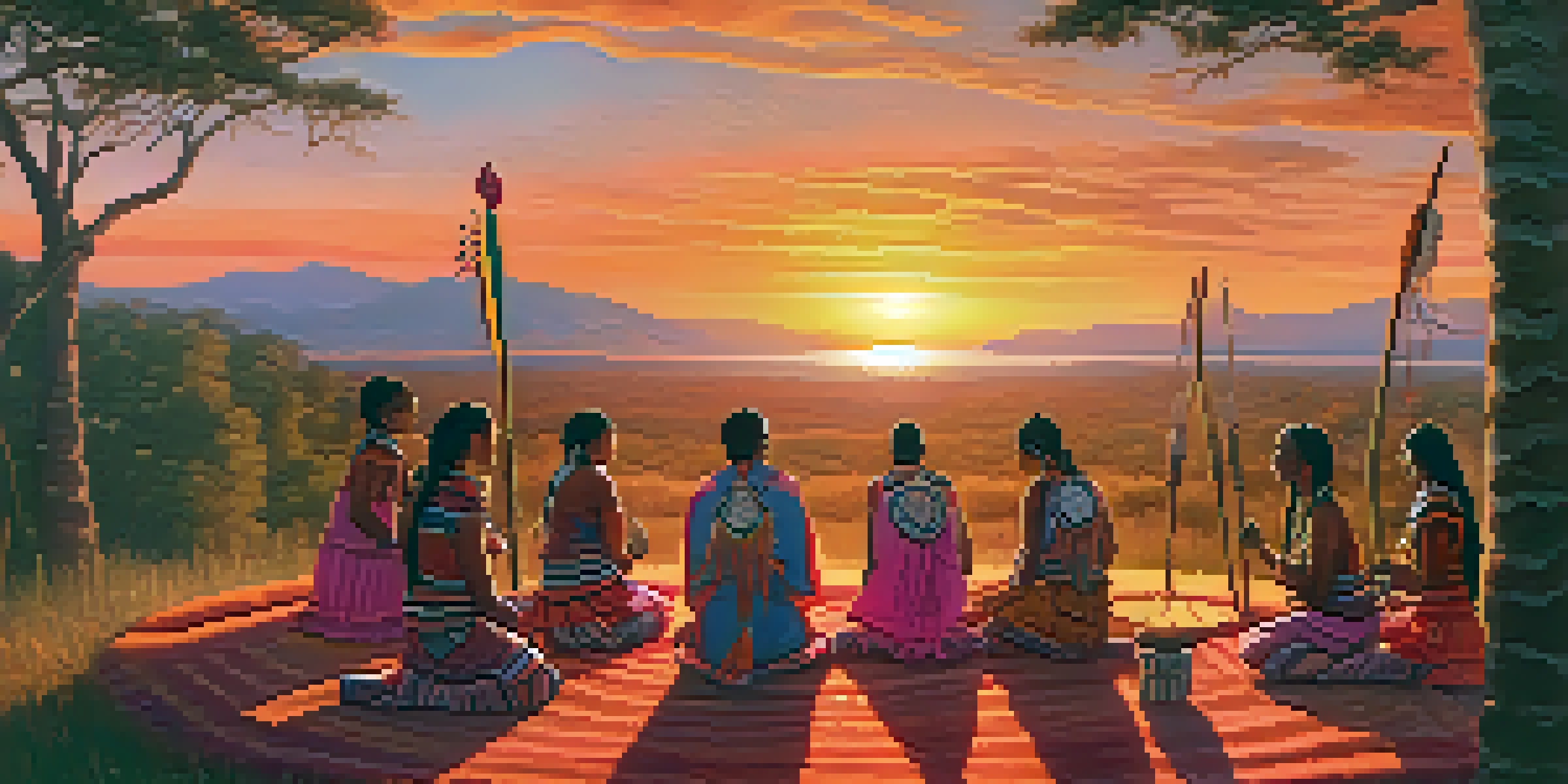 A tranquil sunset scene with Indigenous participants in traditional clothing engaged in a ceremony, surrounded by nature and colorful artifacts.