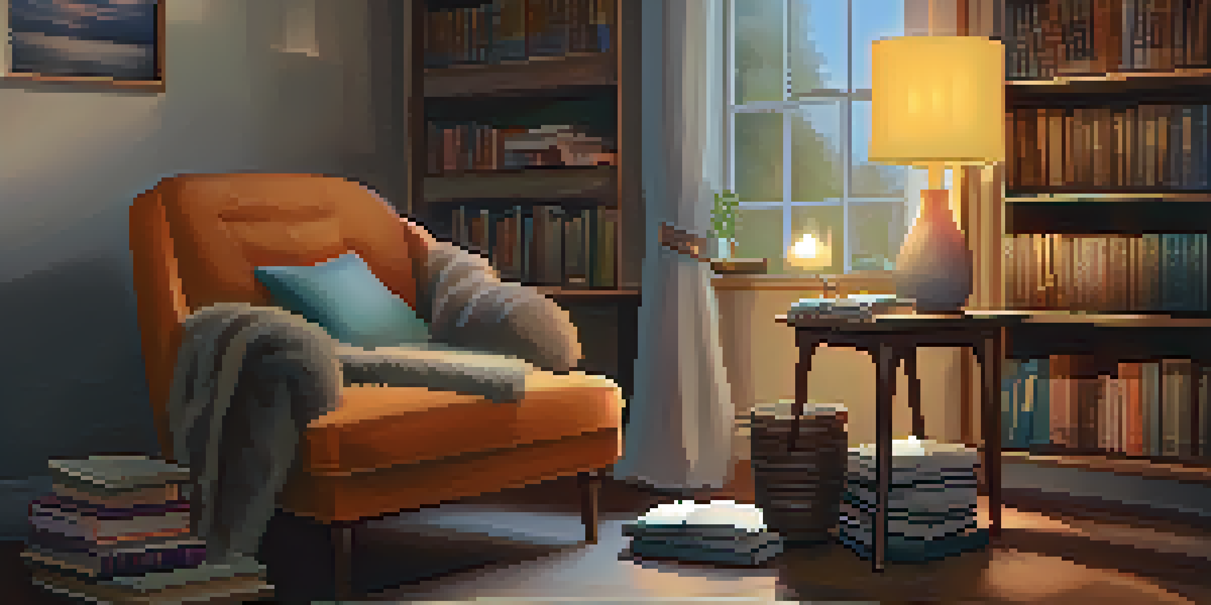 A cozy reading nook featuring a plush armchair, warm lighting, and a bookshelf filled with colorful books.