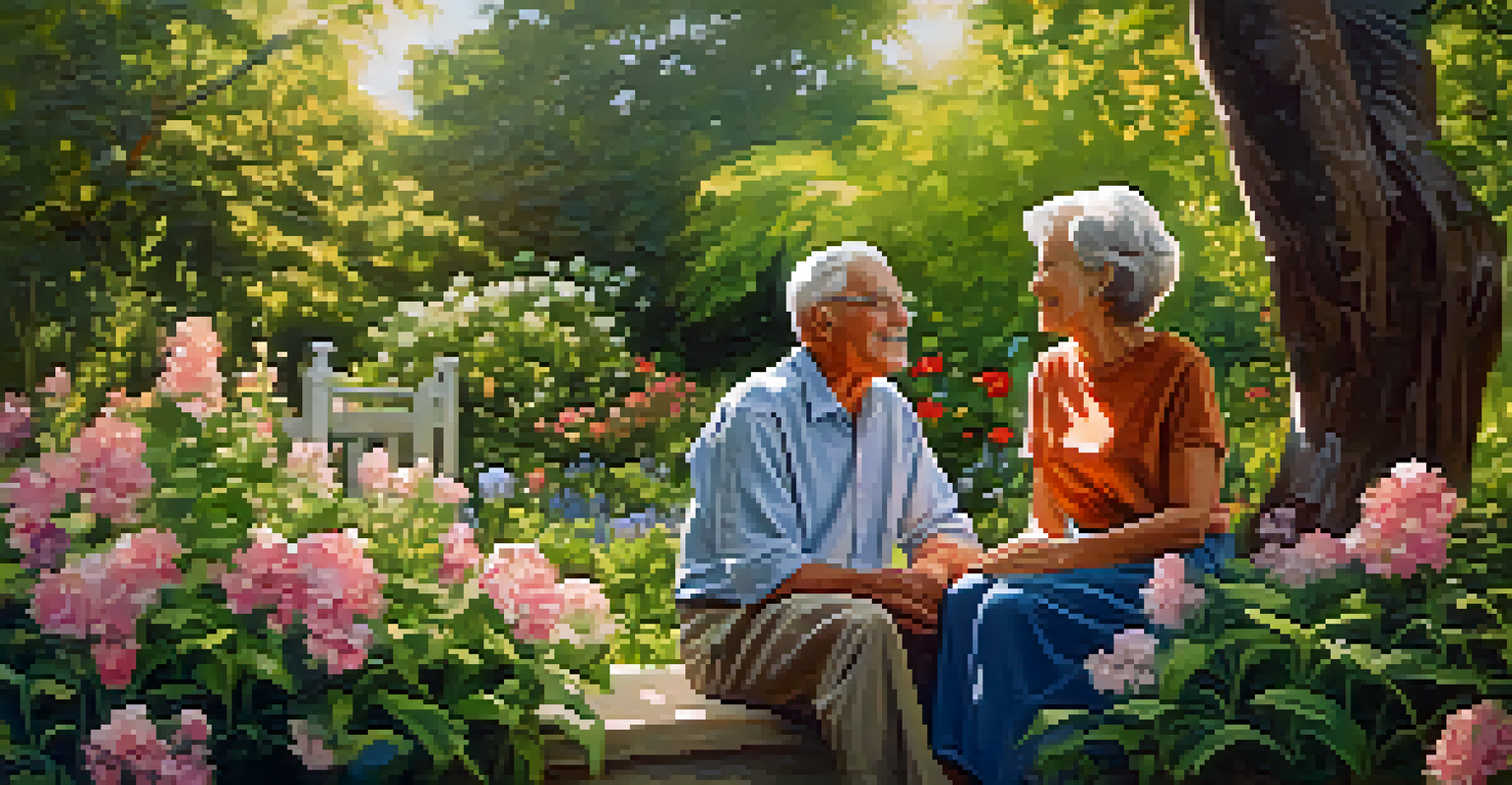 An elderly couple smiling and conversing in a vibrant garden filled with blooming flowers, exuding warmth and love.