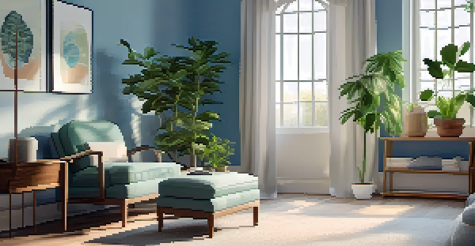 A cozy therapy room with natural light, comfortable armchair, calming plant, and tranquil art on the walls.