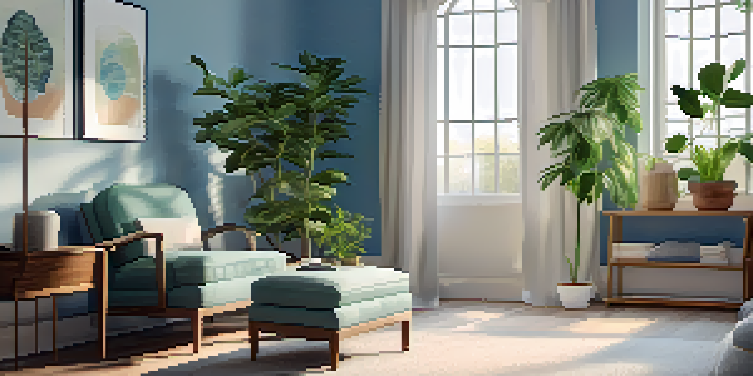 A cozy therapy room with natural light, comfortable armchair, calming plant, and tranquil art on the walls.