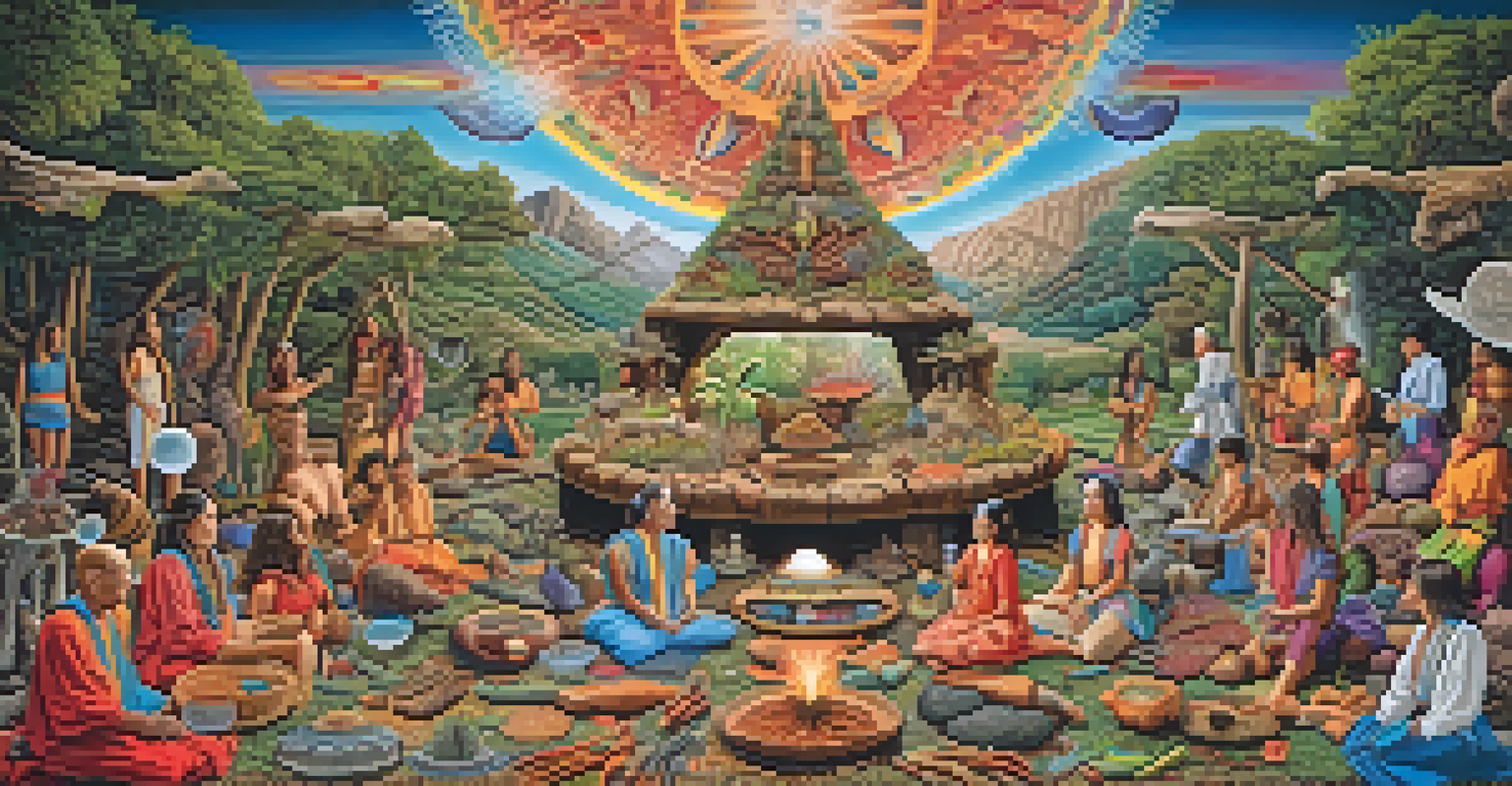 An artistic collage representing various cultural contexts of hallucinogens, including traditional healing and modern research.
