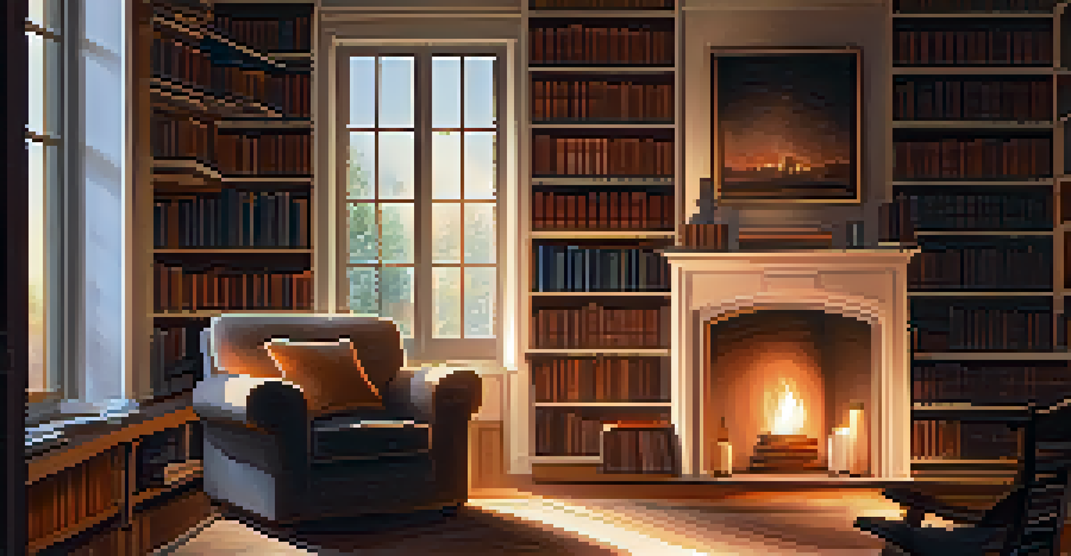 A cozy study room with a fireplace, bookshelves, and a comfortable armchair with a cup of tea.