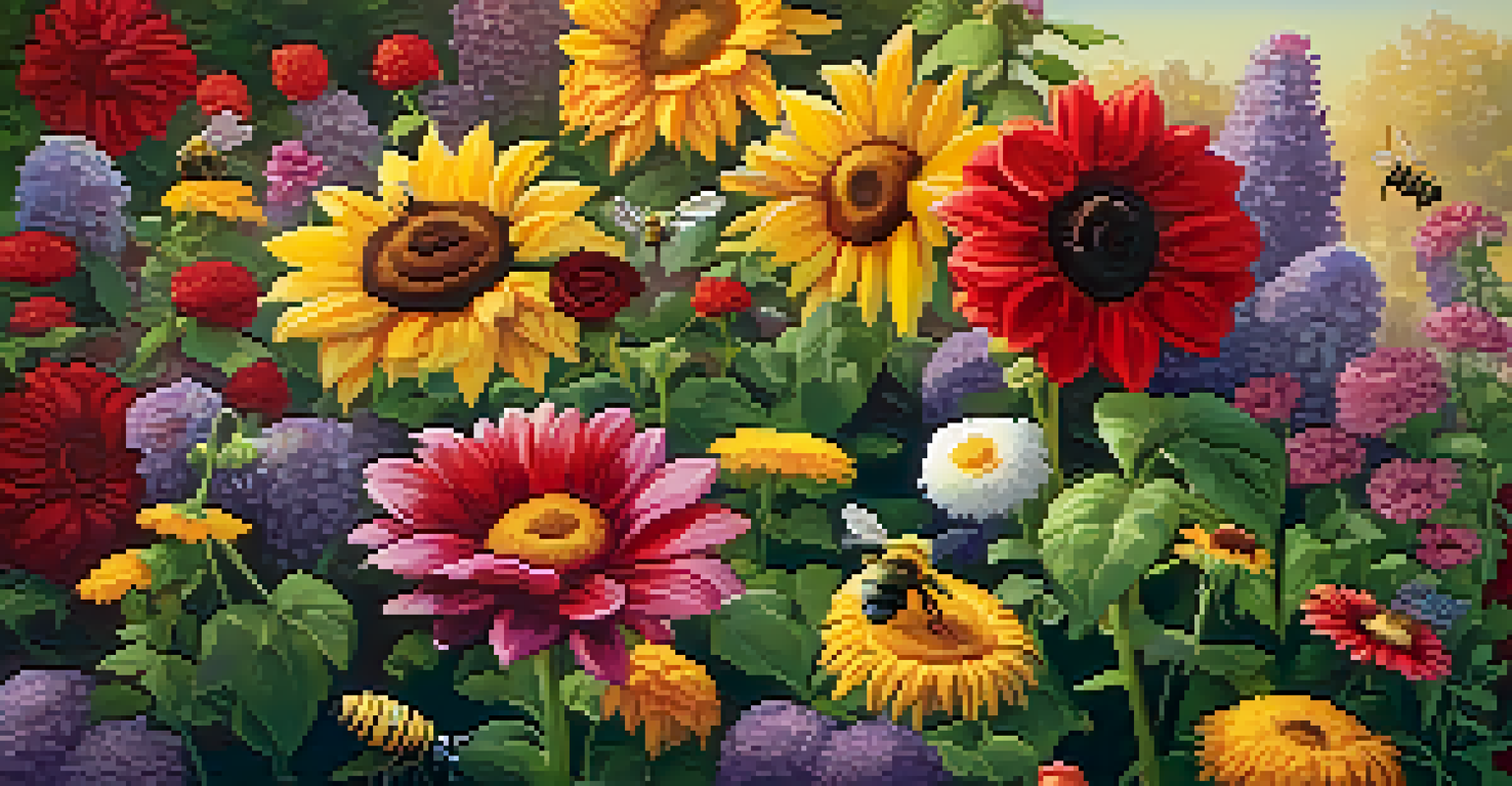 A close-up view of a colorful flower garden with various blooms, bees, and butterflies under soft sunlight.