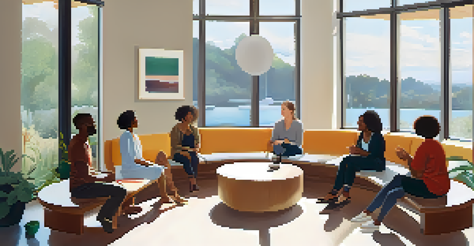 A diverse group of people sitting in a circle in a therapy space, actively engaging in discussion.
