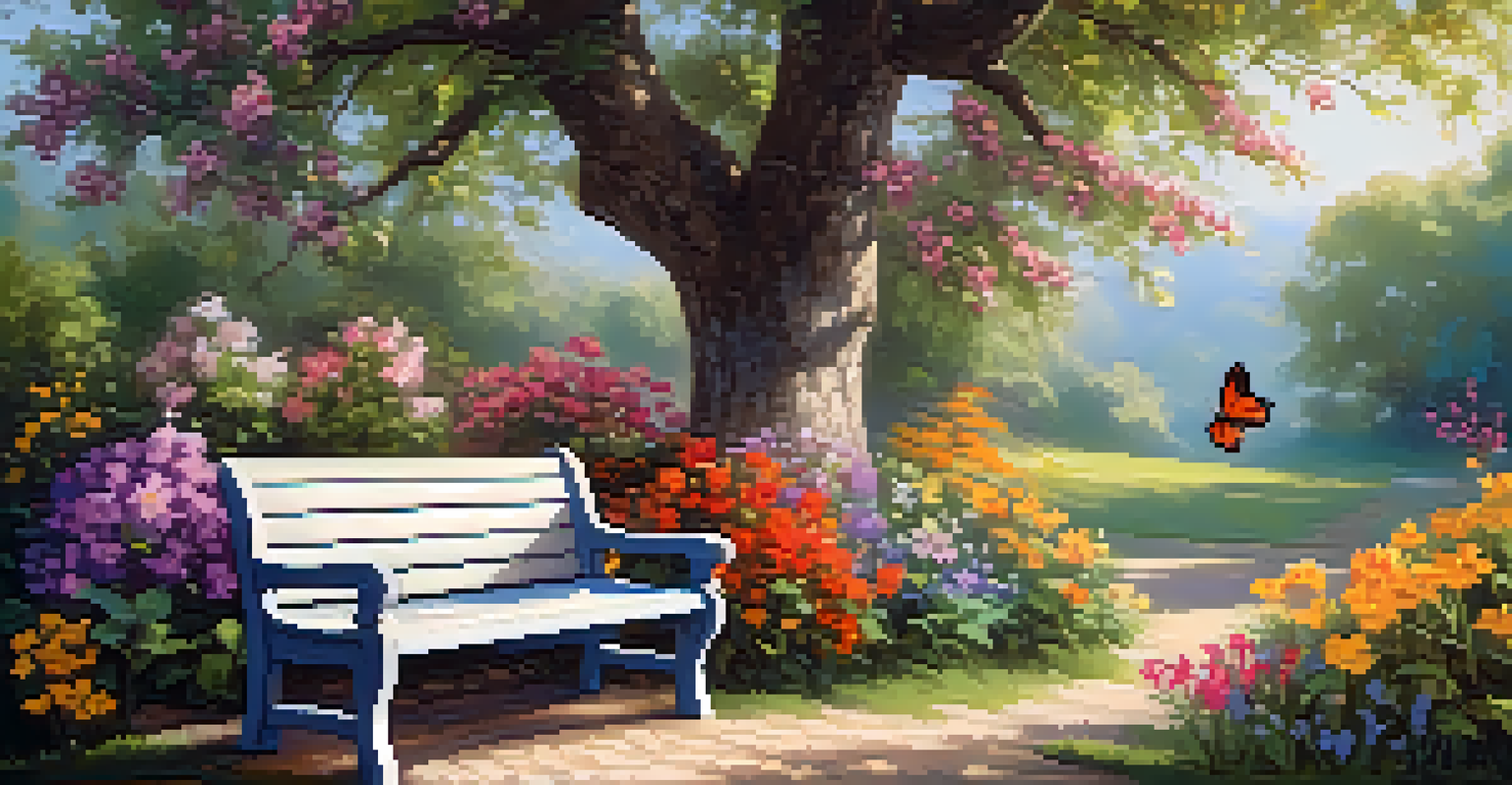 A colorful garden with blooming flowers, butterflies, and a wooden bench under a flowering tree.